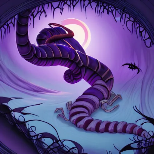 Prompt: don bluth, artgerm, joshua middleton, purple color pallete, welcome to night vale, lighthouse in the desert, giant centipede, spooky strange weird quirky, cartoon, 2 d, shades of purple