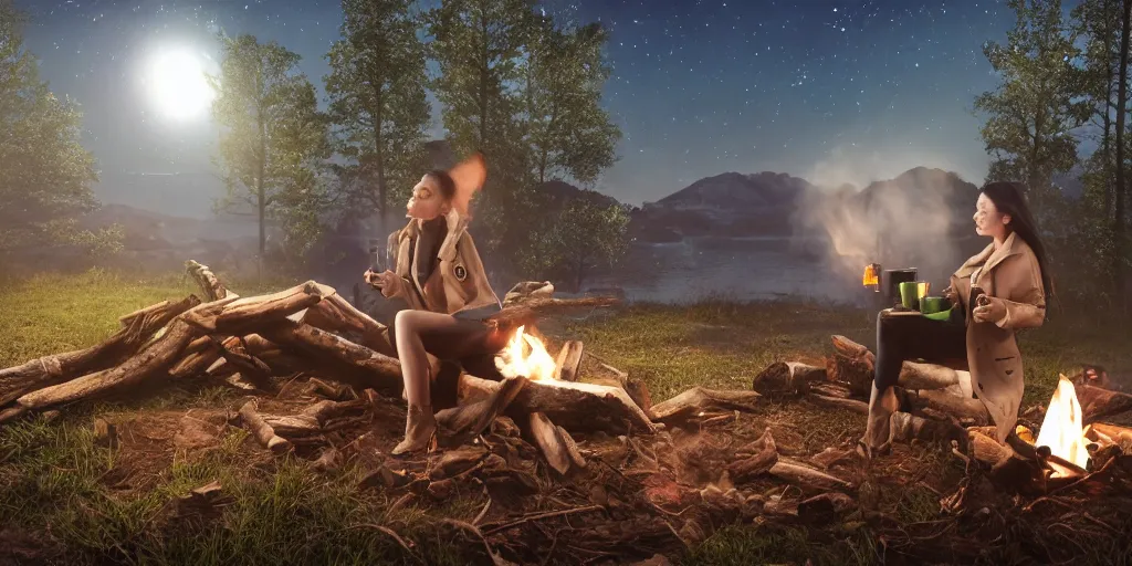 Image similar to A Z-brush octane render of a girl with short black hair and green eyes in a tan trenchcoat sitting on a log and drinking tea by the campfire by her motorcycle at night under the stars, elegant scene, beautiful landscape in the background, wide angle, cinematic lighting, atmospheric, ultrarealistic, trending on artstation, cgsociety, highly detailed, color graded, in the style of craig mullins, rendered in Unreal Engine 4k HQ, horizon forbidden west