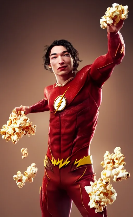 Image similar to ezra miller as flash eating popcorn, very realistic, trendin on artstation