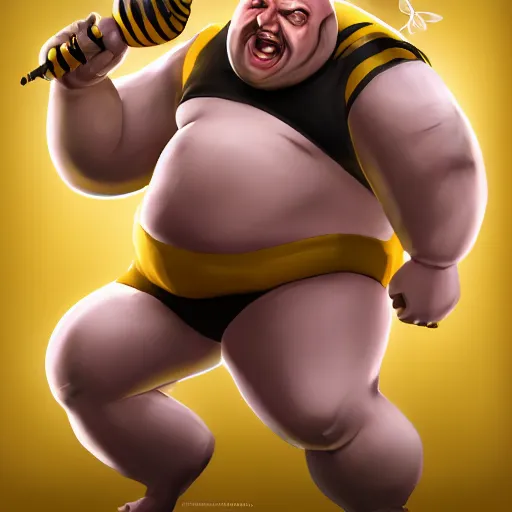 Image similar to bald overweight man wearing a bee costume and softly crying, detailed fanart, rpg art, d&d art, macro art, digital art, DeviantArt, artstation, 8k HD