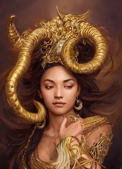 Prompt: fullbody!! dynamic movement pose, beautiful ethnic woman with flowing hair, big natural horns on her head, gold jewellery, dnd, face, fantasy, intricate, elegant, highly detailed, digital painting, artstation, concept art, smooth, sharp focus, illustration, art by artgerm and greg rutkowski and alphonse mucha