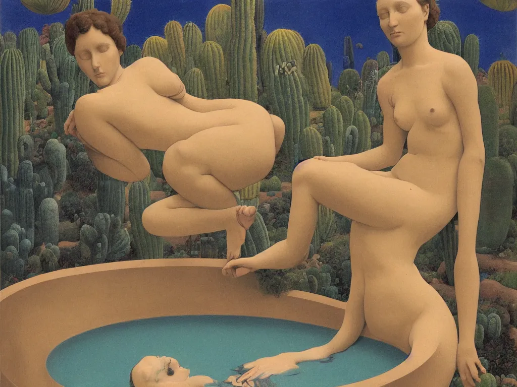 Prompt: Woman sculpted by Henri Moore taking a milk bath alone in a strange, giant ceramic basin sculpted river. Alien, selenar, crater landscape with efflorescent strange cacti. Blue light. Painting by Georges de la Tour, Alex Colville, Balthus