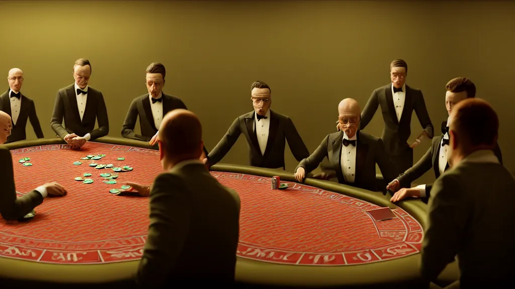 Image similar to hyperrealism simulation highly detailed human turtles'wearing detailed tuxedos and smoking, playing poker in surreal scene from art house movie from future by wes anderson and denis villeneuve and mike winkelmann rendered in blender and octane render