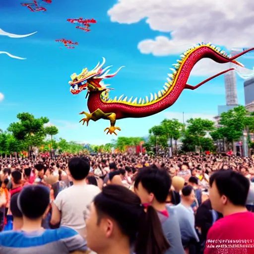 Image similar to people watching a chinese dragon flying in the sky, hyperrealistic, 3 d