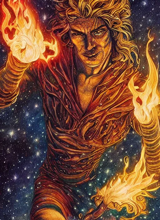 Image similar to high intricate colored ink drawing of the sandman holding a glimmering fire - galaxy, full shot, neil gaiman, maria panfilova, andrea savchenko, mike kime, ludovic plouffe, qi sheng luo, oliver cook, julian calle, eddie mendoza, trending on artstation