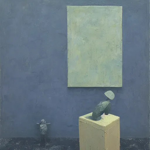 Image similar to an impasto painting by shaun tan of an abstract lonely sculpture by the caretaker and ivan seal