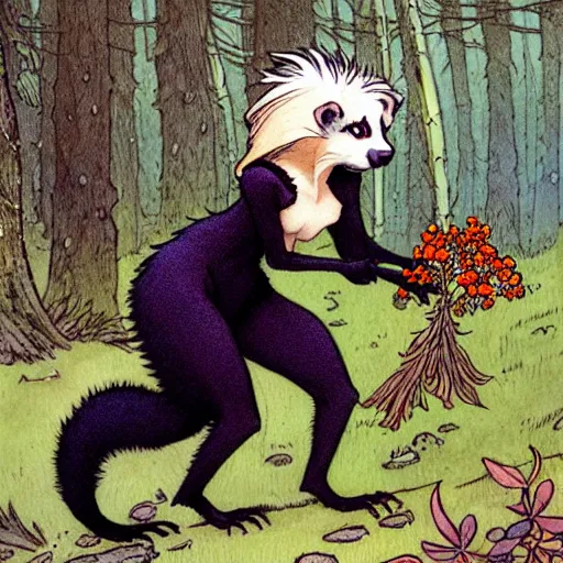 Prompt: A cute sleek-furred skunk-girl Herbalist collecting flowers in the forest. Absurdly-detailed fantasy character illustration by Rebecca Guay and Wayne Reynolds