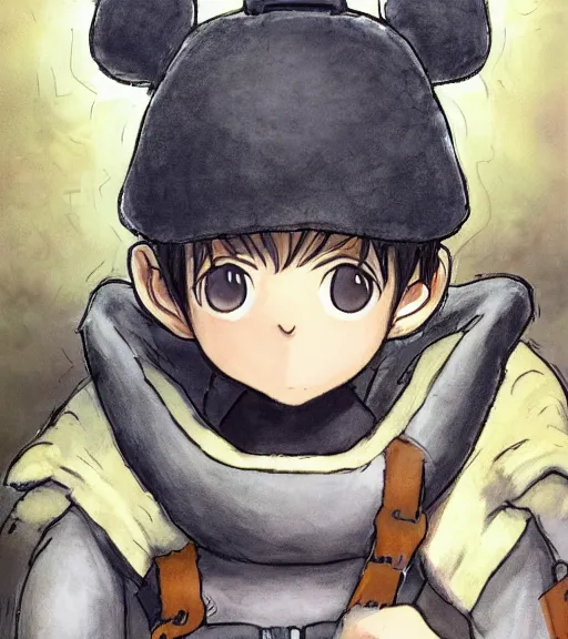 Image similar to attractive little boy wearing an cyborg bear suit, artwork in kentaro miura and made in abyss and inazuma eleven, smooth, beautiful lightness, anatomically correct, trending on pixiv, fascist composition, realistic