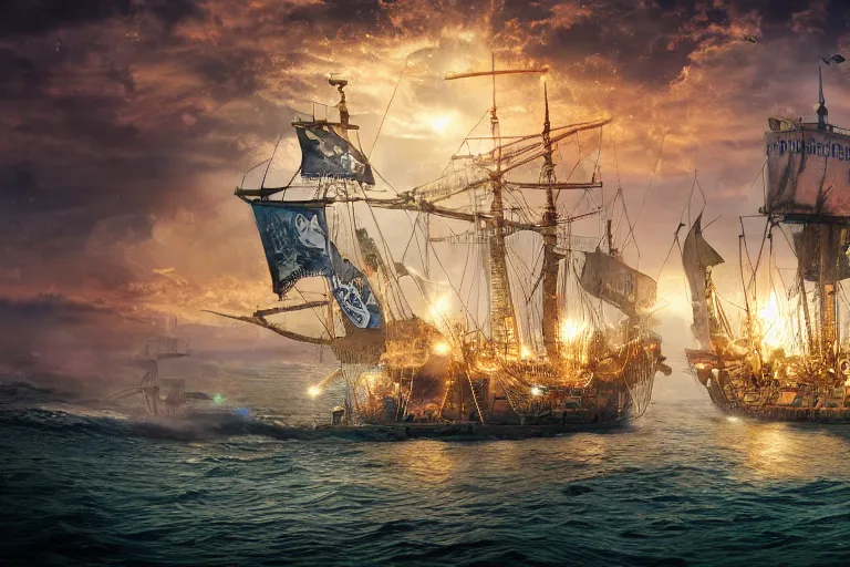 Prompt: A pirate city hauled across the oceans... A hidden miracle about be revealed... These are the ingredients of an astonishing story. It is the story of a prisoner's journey. Photo-realistic UHDR, hyperrealism, highly detailed, cinematic, luminescence, 32k, iridescence, high contrast, intricate, mystery, epic, fantasy