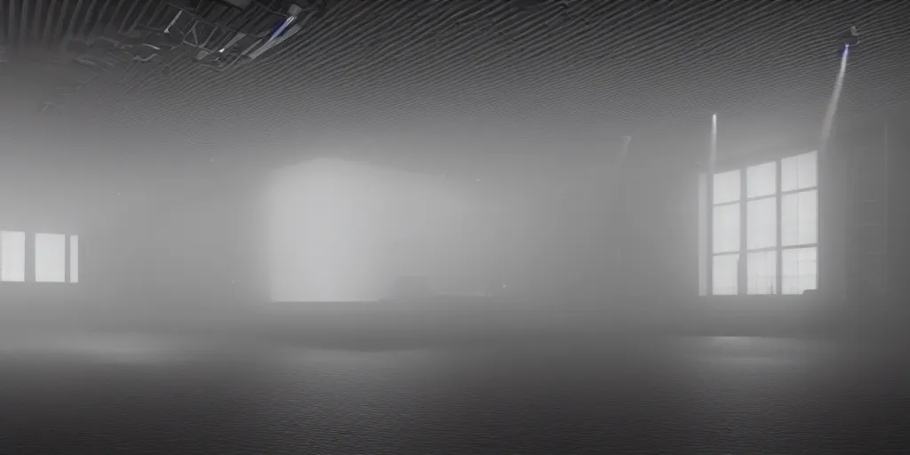 Image similar to a long angle shot of a big dark room with white lights on the celling, highly detailed, unreal engine, 4 k, dark, moody, foggy, game render, hyper realistic