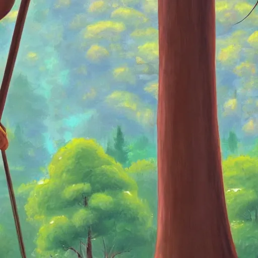 Prompt: gondola meme stands looking out at a peaceful morning forest after a rainstorm, gondola meme, forest