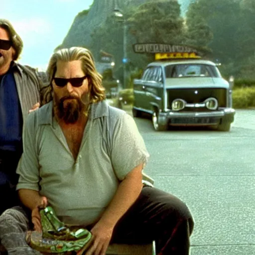 Image similar to a giant toad sitting with the big lebowski, jeff bridges the dude with a giant frog, realistic from the movie the big lebowski by the coen brothers, 8 h