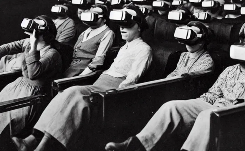 Image similar to 1 9 0 0 s photo of people wearing virtual reality headsets vr in a movie theater masterpiece