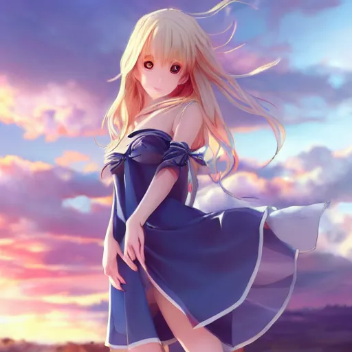 Image similar to a very beautiful anime cute girl, full body, long wavy blond hair, sky blue eyes, full round face, short smile, fancy top, miniskirt, front view, summer lake setting, cinematic lightning, medium shot, mid-shot, highly detailed, cinematic wallpaper by Stanley Artgerm Lau