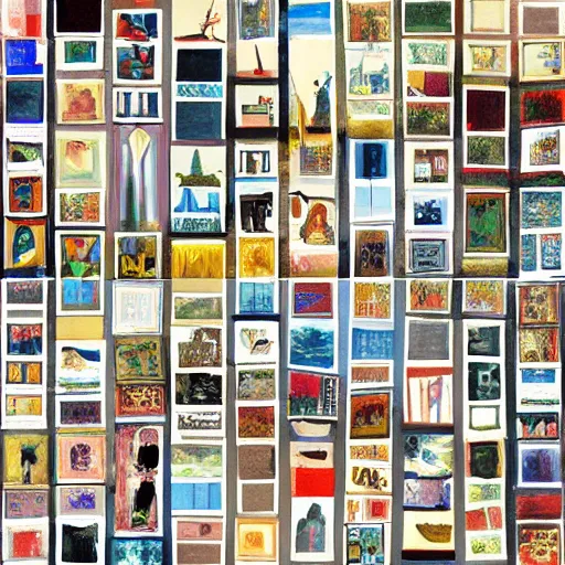 Prompt: collage of 1 0 0 paintings, each painting is of a house