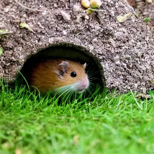 Prompt: “ little hamster in a hole in a golf terrain ”