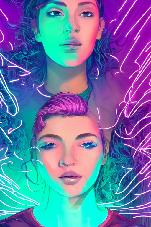 Image similar to a award winning half body portrait of a beautiful woman in a croptop and cargo pants with ombre purple pink teal hairstyle and hands in pockets by ari liloan, surrounded by whirling illuminated lines, outrun, vaporware, shaded flat illustration, digital art, trending on artstation, highly detailed, fine detail, intricate