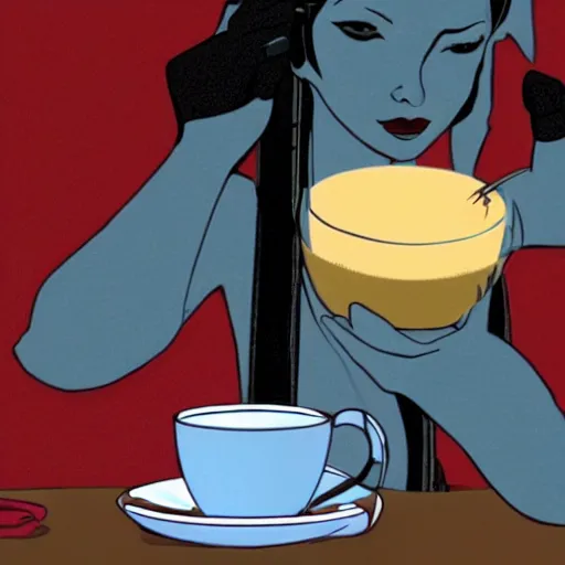 Image similar to photo of glados drinking tea