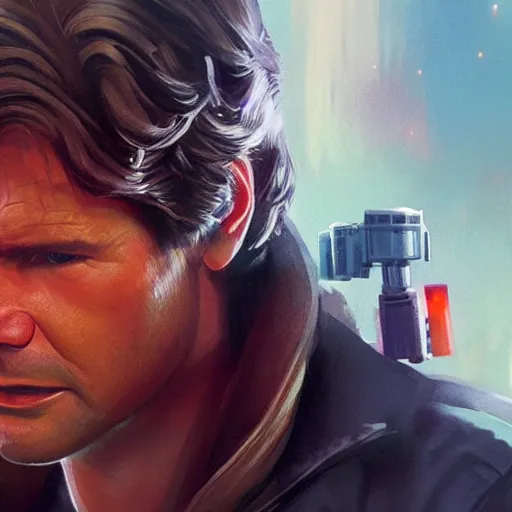 Image similar to harrison ford as han solo, colorful, contrast, 3 d scene, greg rutkowski, zabrocki, karlkka, jayison devadas, trending on artstation, 8 k, ultra wide angle, zenith view, pincushion lens effect