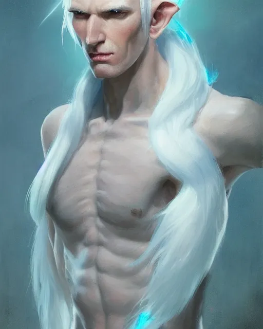 Image similar to character portrait of a slender young half elven man with white hair, piercing cyan blue eyes, and pale blue skin, by greg rutkowski, mark brookes, jim burns, tom bagshaw, trending on artstation