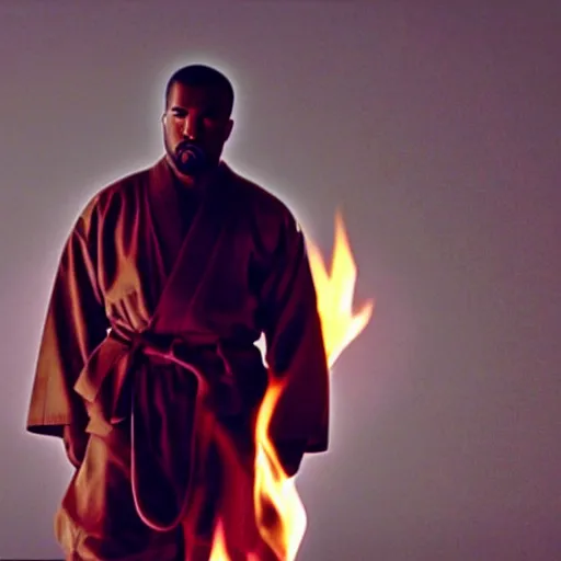 Image similar to cinematic film still of Kanye West starring as a Japanese Sensei with fire, Japanese CGI, VFX, 2003, 40mm lens, shallow depth of field, film photography