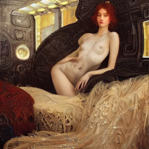 Prompt: epic masterpiece full body portrait a beautiful woman, with a beautiful face and flawless skin, lounging inside a spaceship on silver tufted cushions, by Edgar Maxence and Ross Tran and Michael Whelan