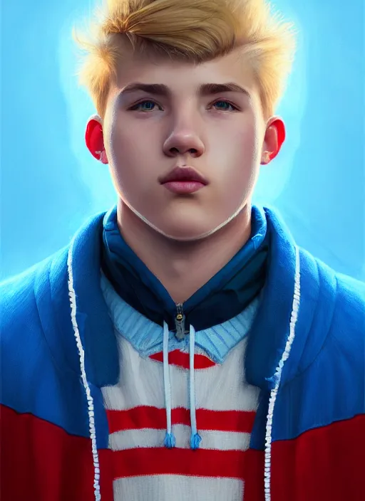 Image similar to portrait of high school senior boy named big moose, blonde short hair, jock, beefy, wide face, square jaw, square facial structure, blue varsity jacket with letter r, intricate, elegant, glowing lights, highly detailed, digital painting, artstation, concept art, sharp focus, illustration, art by wlop, mars ravelo and greg rutkowski