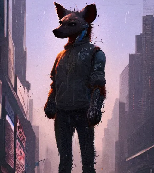 Image similar to new york city portrait of furry anthro anthropomorphic spotted hyena crocuta head animal person fursona wearing clothes strange cybernetic muzzle gloomy rainy screenshot from the video game cyberpunk 2077 digital art by Greg Rutkowski, Simon Stalenhag, christopher nolan trending on Artstation, CGSociety