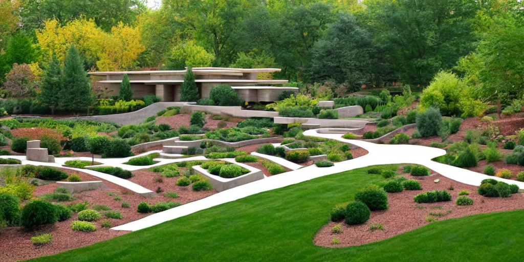 Image similar to overhead plans contemporary rectanguar landscape garden, in the style of frank lloyd wright inspiration.