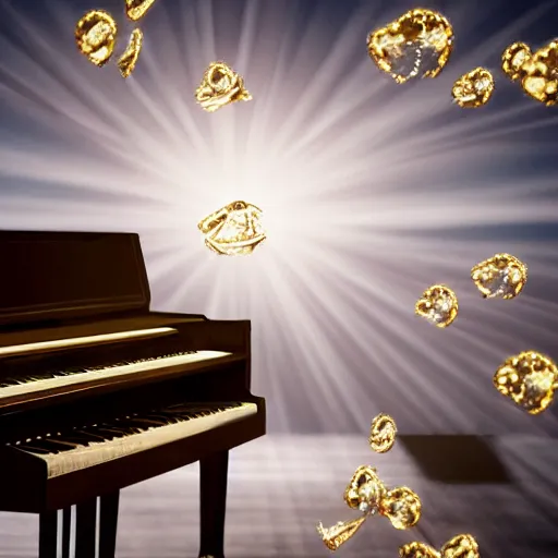 Image similar to a realistic detailed card floating in the air, light particles, piano floating in the sky, light around the piano, shadow of a man playing piano, detailed body, cinematic photo, realistic, detailed