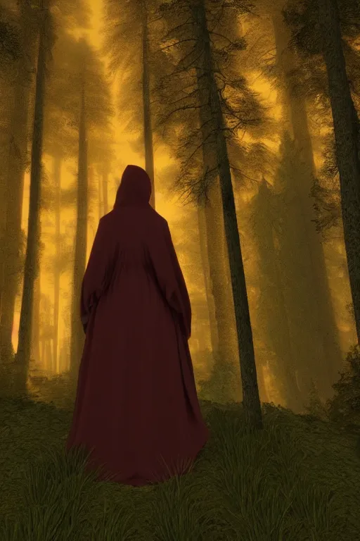 Prompt: a woman in a hooded cloak in a forest clearing at twilight| richly embroidered velvet| tall trees| dramatic atmospheric lighting | Evelyn De Morgan and Maxfield Parrish |featured on Artstation |unreal engine