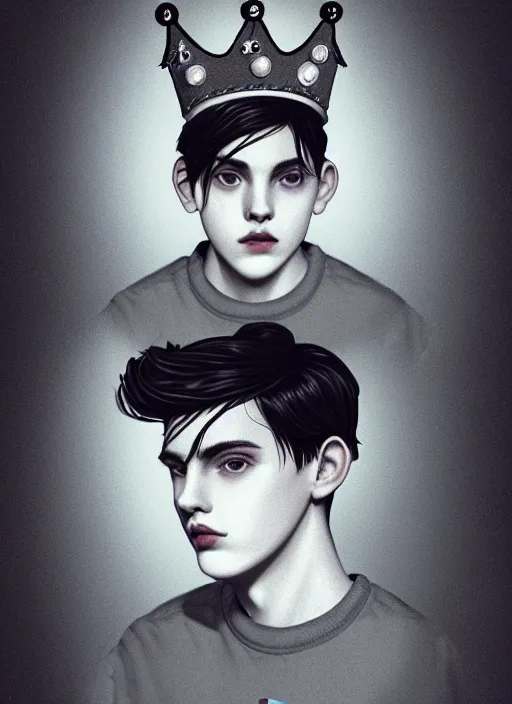 Prompt: portrait of teenage jughead jones wearing a light grey crown, photorealistic, crown made of fabric, crown with pin badges, crown with pins, crown made of felt, black hair, intricate, elegant, highly detailed, digital painting, glowing lights, artstation, concept art, smooth, sharp focus, illustration, art by wlop, mars ravelo and greg rutkowski