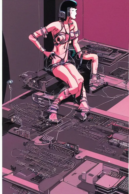 Image similar to a perfect cyberpunk illustration of a female android seated on the floor in a tech labor, seen from the side with her body open showing cables and wires coming out, by masamune shirow and katsuhiro otomo, japan, 1980s, dark, colorful