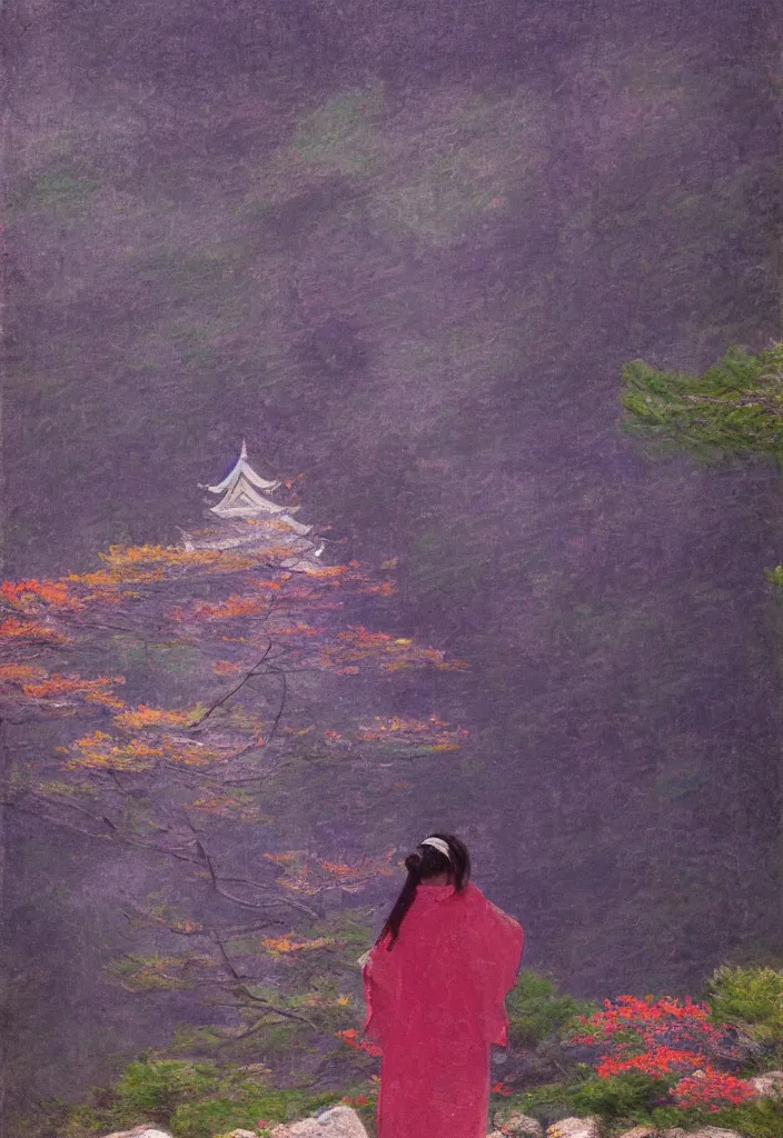 Image similar to tiny character in front of a huge japanese temple in the mountain. gorgeous epic nature, lofi, vivid colors, amazing light, by jeremy lipkin, by claude monet, heavily inspired by makoto shinkai, kandinsky touches, masterpiece, multiple brush strokes, impressionist style