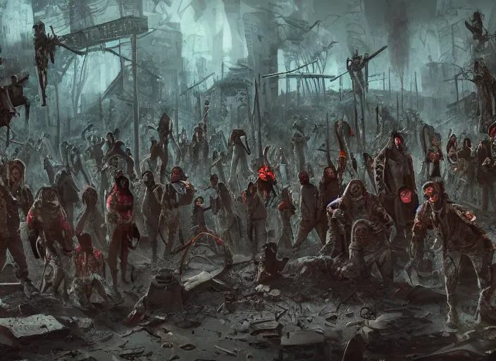 Prompt: a group of psychopathic bandits are at an impass, a crowd of apocalyptic survivors stand ready with their guns, the surrounding environment is psychedelic and bubbling like inky water, the sky is filled with the faces of the damned, digital painting masterpiece, trending on artstation and pixiv