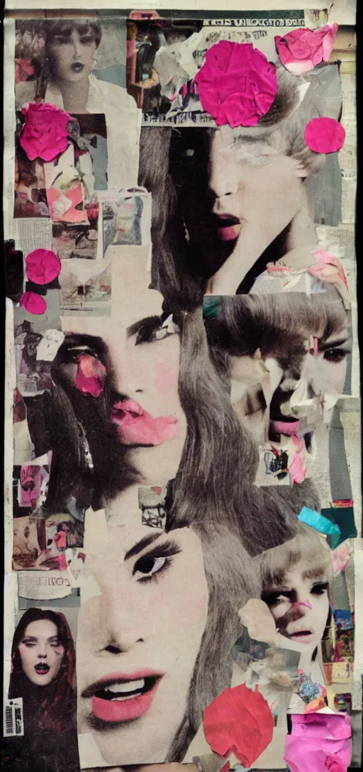 Prompt: cut and paste collage, newspaper, fashion magazine, 1 9 6 0 s, women's faces, polaroid, grainy, film, light leak, vintage makeup, flower petals, silk