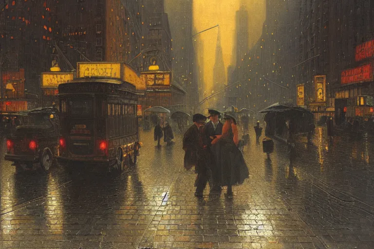 Prompt: painting of the streets of new york at night, streetlights, raining, romantic, by ludwig deutsch and maxfield parrish, patterned tilework, extremely detailed, cinematic lighting, smooth sharp focus