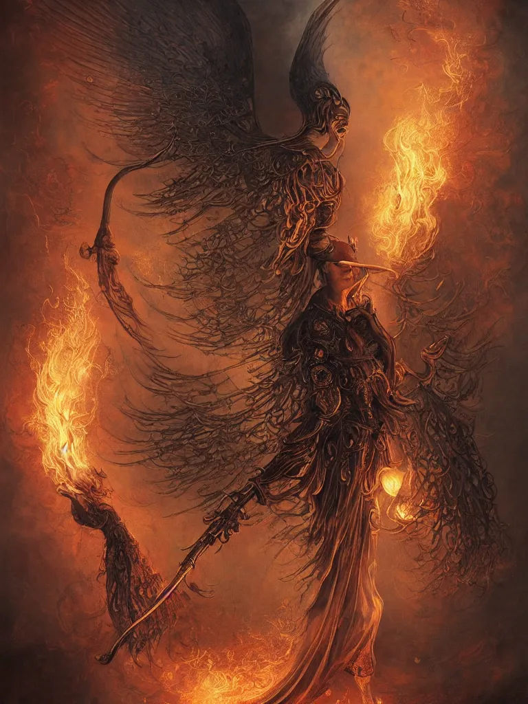 Prompt: breathtaking detailed soft painting of a grim reaper with an intricate golden crescent scythe and cloak of fireflies and embers, rembrandt style, christian saint, detailed art nouveau stained glass of flames background, elegant, highly detailed, artstation, concept art, matte, sharp focus, art by Tom Bagshaw, Artgerm and Greg Rutkowski