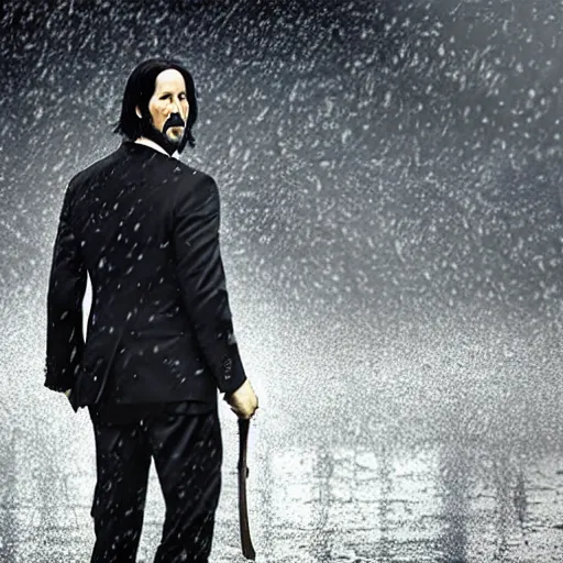 Image similar to john wick playing a guitar in the rain photorealistic realistic dramatic cinematic photography