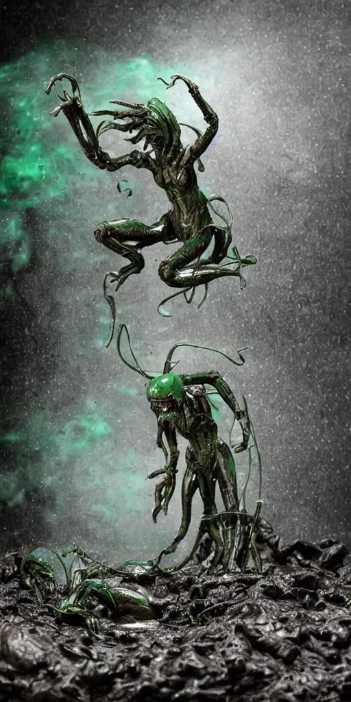 Image similar to bootleg figure of a plastic green acid xenomorph diorama drowning on the mud water, secondhand, rain stormcloud by Luis Royo, mcfarlane, cursed photography, middle shot