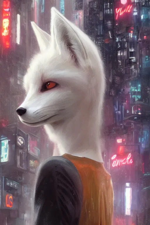 Image similar to beautiful portrait of a tall white female anthro fox smoking a cigarette towering head and shoulders above the bustling crowd of a rainy city street around her, cyberpunk clothes, harsh neon lights, highly detailed, sharp focus, digital painting, illustration, trending on artstation, art by sakimichan, wlop, greg rutkowski