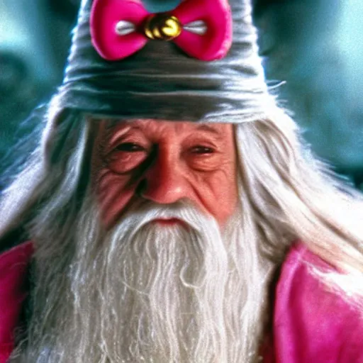 Image similar to portrait of Gandalf dressed up as hello kitty,smiling kindly, movie still from Lord of the Rings