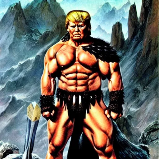 Image similar to extremely muscular Donald Trump looking like Conan the barbarian, fantasy, movie poster, by Frank Frazetta