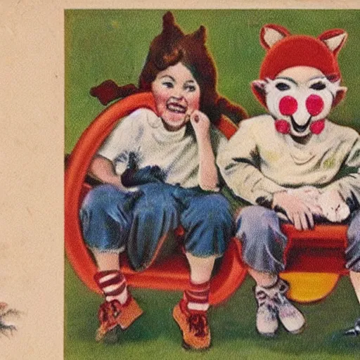 Image similar to vintage artwork of children on a playground wearing different animal masks,