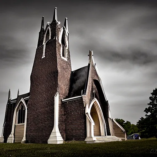 Prompt: giant dragon bone episcopal church with steep bone arches and crossbone windows and a giant dragon skull steeple, in the minnesota suburbs, 24mm hasselblot photography, quixel megascans