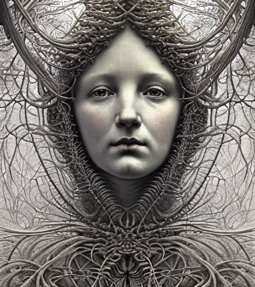 Prompt: detailed realistic beautiful snow goddess face portrait by jean delville, gustave dore, iris van herpen and marco mazzoni, art forms of nature by ernst haeckel, art nouveau, symbolist, visionary, gothic, neo - gothic, pre - raphaelite, fractal lace, intricate alien botanicals, ai biodiversity, surreality, hyperdetailed ultrasharp octane render