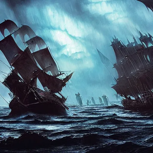 Prompt: hyperrealistic panoramic shot of a battle between dracula untold army and supernatural davey jones crew aboard the black pearl ghost ship, hyper detailed. sailing into the swamps of tortuga, dark ominous lighting, northern lights, in the art style of pirates of the caribbean and artgerm, background by greg rutkowski, featured on artstation