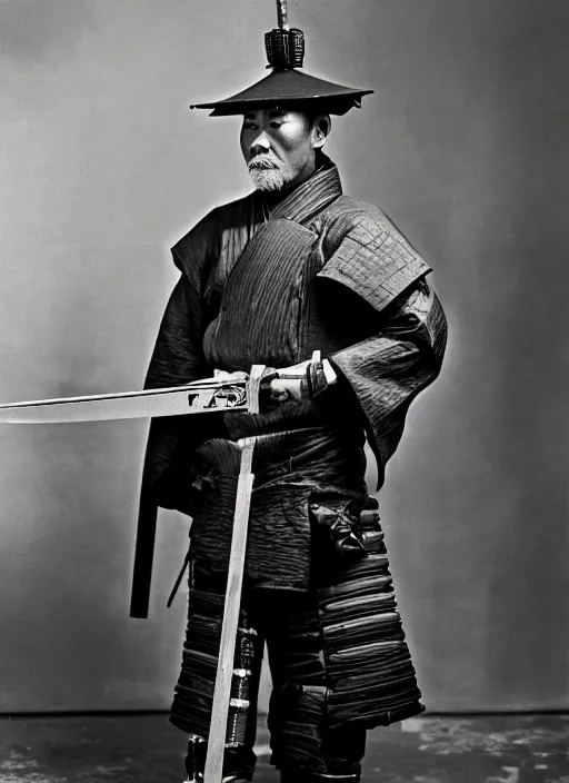 Prompt: old photo of a cyberpunk samurai inspecting his sword