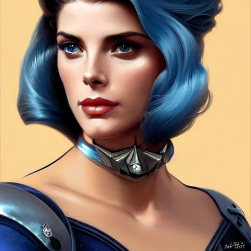 Image similar to Ashley Greene's face combined with Grace Kelly's face with blue hair wearing power armor, western, D&D, fantasy, intricate, elegant, highly detailed, digital painting, artstation, concept art, matte, sharp focus, illustration, art by Artgerm and Greg Rutkowski and Alphonse Mucha