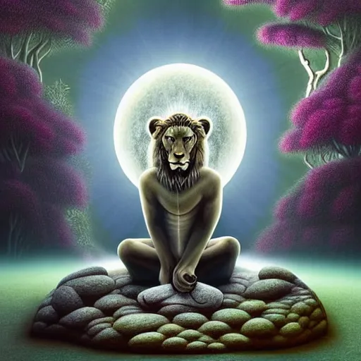 Image similar to an anthromorphic lion meditating in a zen garden with a waterfall under the blood moon, by Adi granov and afarin sajedi and amanda sage and evgeni gordiets and Agostino Arrivabene and adonna khare in a psychedelic portrait style, ultrarealistic matte painting, volumetric lighting, fractal, extremely symmetrical, highly detailed face, orisha, 8k, hd